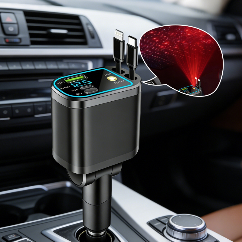 Fast Charging Car Charger 66W USB Type C PD Multiport with Retractable Cable LED Voltage Universal Cigarette Lighter Starlight