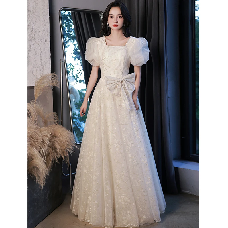 

Fancy Champagne Evening Dresses Long Elegant Square Neck A-Line Floor-Length Lace Prom Dresses Women