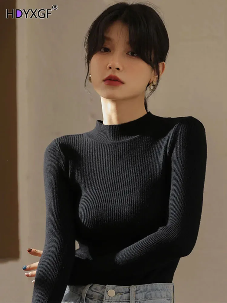 

Solid Color Stretch Slim Knitwears Half Turtleneck Sweater Women Korean Fashion Basic All Match Pullover Casual Cozy Sweater New