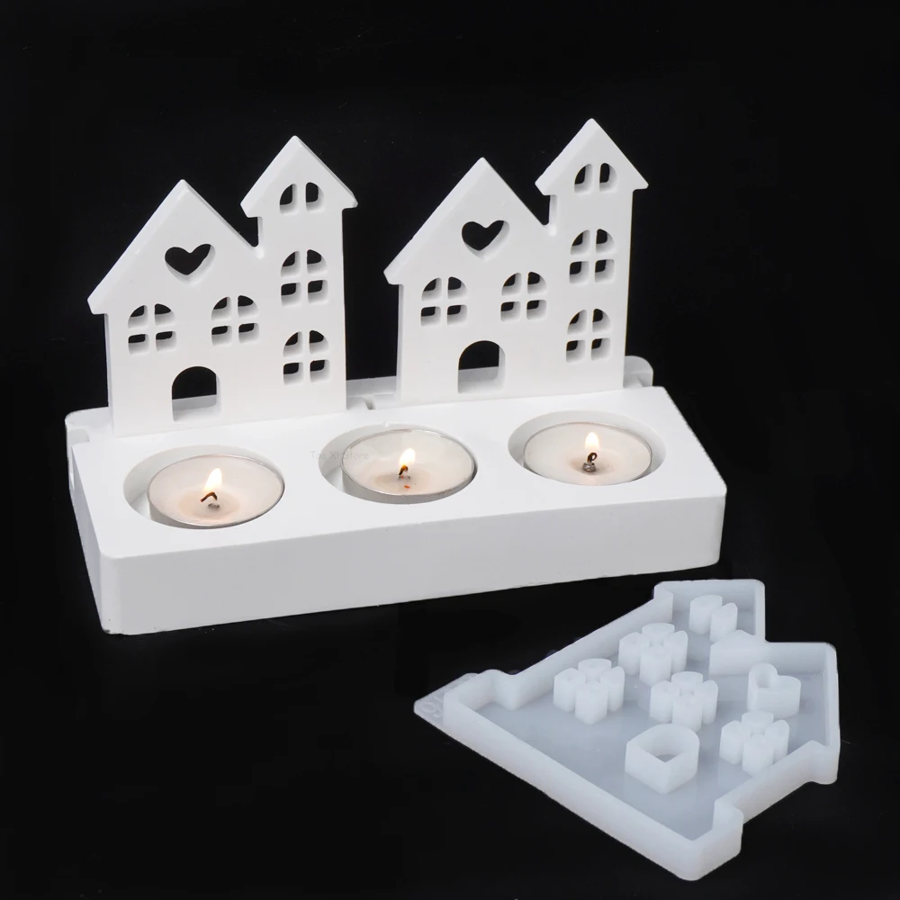 Love House Candle Holder Ornament Silicone Mold DIY Window Houses Tea Light Candlestick Molds Plaster Resin Crafts Making Mould