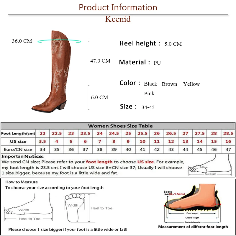 Kcenid Fashion Embroidery Pointed Toe Over The Knee Boots Slip On Low Heels Western Cowboy Boots  Vintage Women Shoes Plus Size