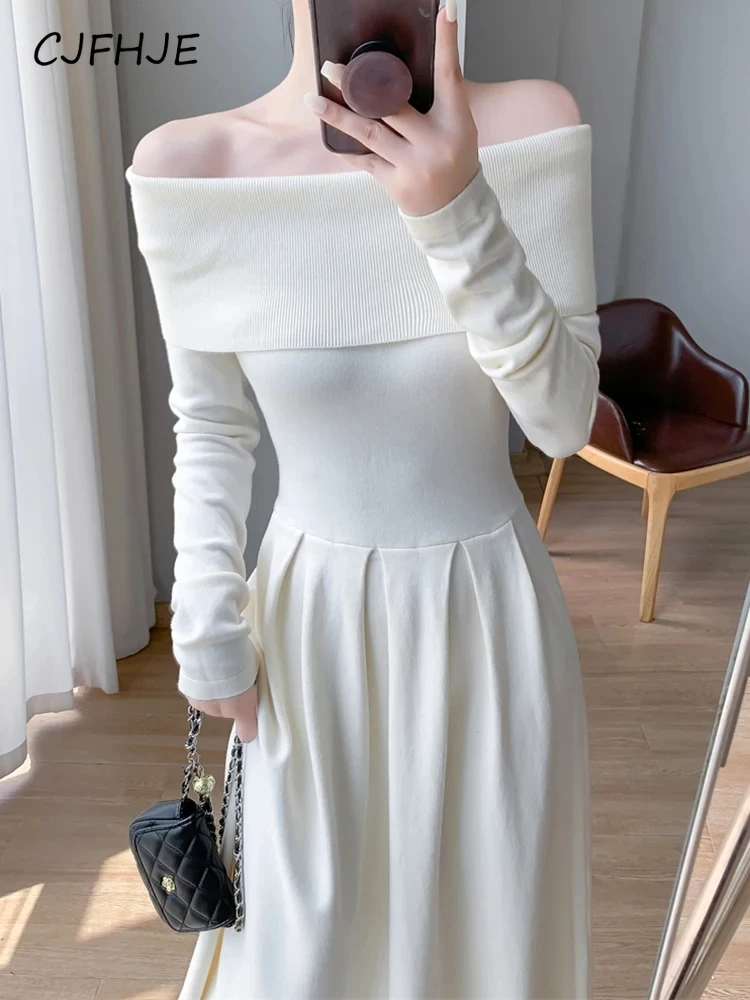 

CJFHJE Korean Fashion Slash Neck Long Sleeve High Waist Plain Long Dress Women Coffee Chicly Elegant Ankle-Length Maxi Dresses