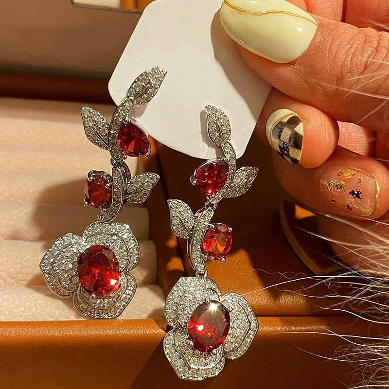 Charm Flower Lab Ruby Diamond Dangle Earring 925 Sterling Silver Jewelry Engagement Wedding Drop Earrings for Women Gift