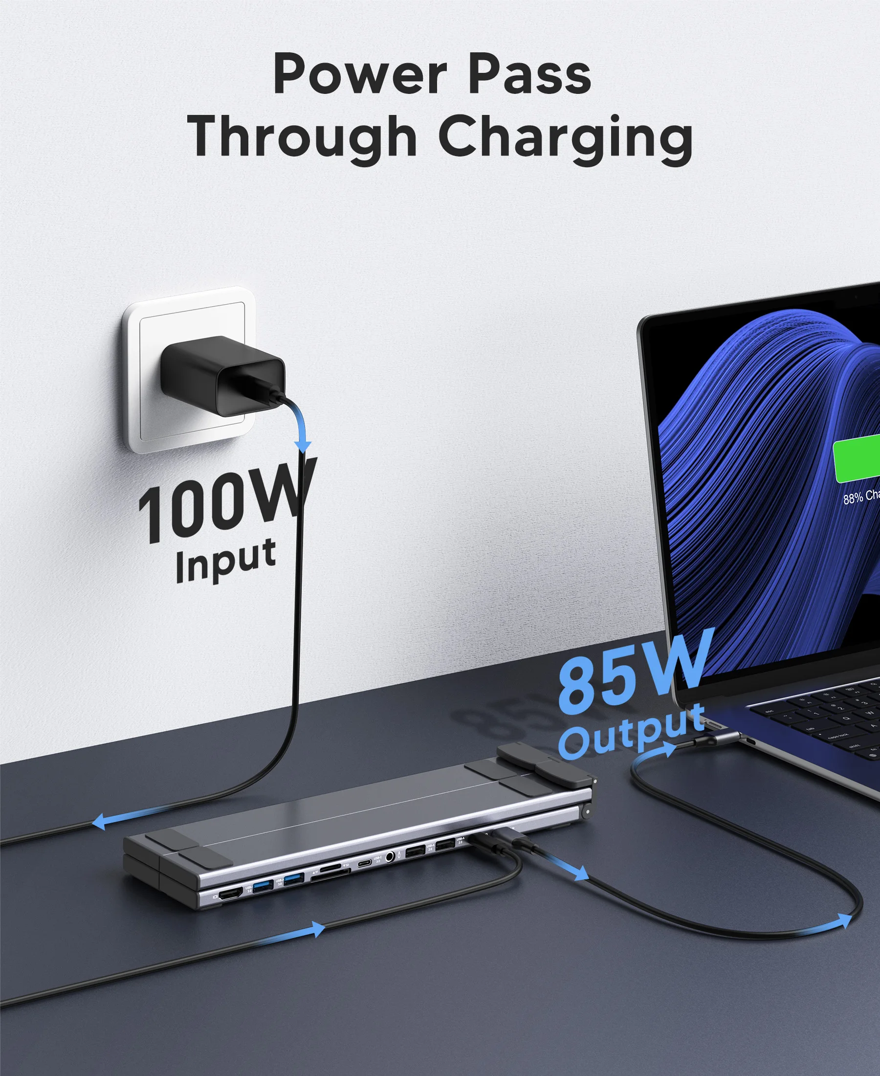 노트북 도킹 스테이션 11 in 1 USB C 허브 (4K@60Hz HDMI, PD 100W, SD/TF, 오디오) 유니버설 독 태블릿 스탠드 (맥북 프로/에어 호환)