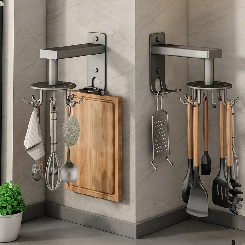 Kitchen Rotary Hook Wall Mounted Spatula Non Punching Kitchen Utensil Storage Rack Hanging Rod Non Nail