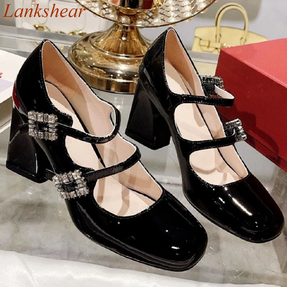 

Square Toe Square Diamond Women Pumps Square Heel Retro Mary Jane Patent Leather Belt Buckle Fashion Solid Sexy Women Shoes