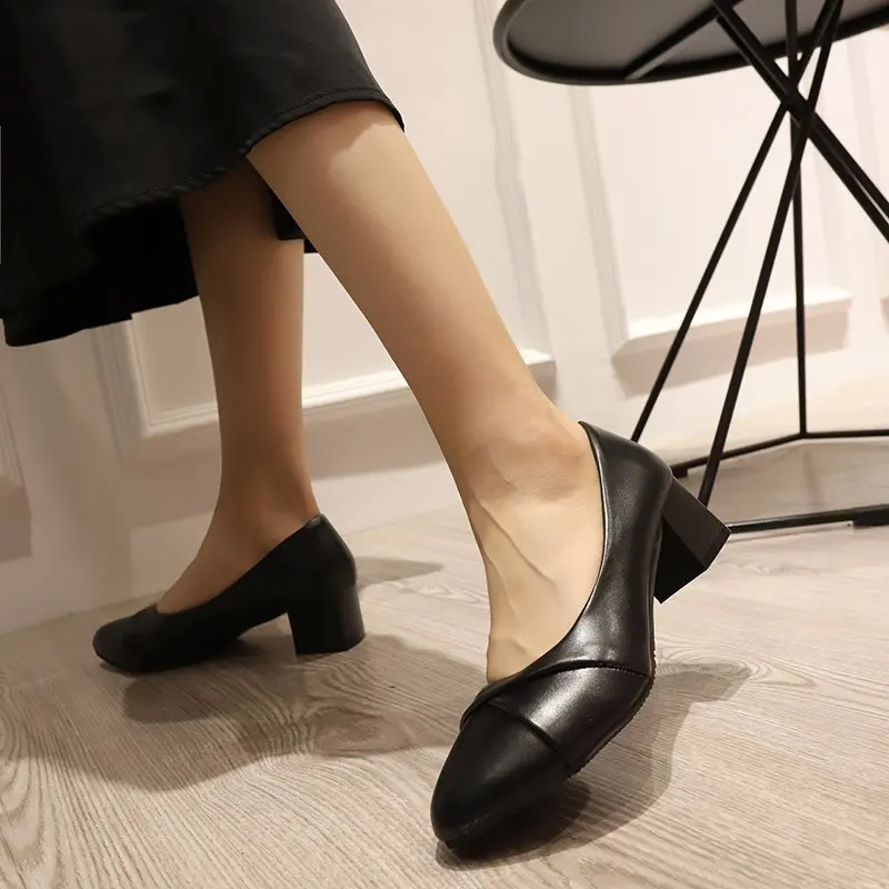 여성용 PU 가죽 미드 힐, 오피스 레이디 펌프스, 블랙 기본 스퀘어 힐, 용수철 가을 로퍼, 여성 자파토스 Size35-41