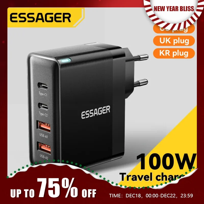 Essager GaN USB C타입 캐리카배터리, PD QC 급속 충전 4.0, 3.0 C타입 리카리카 라피다, 아이폰 14, 13, 12, 샤오미 맥북, 100W Essager GaN USB C타입 캐리카배터리, PD QC 급속 충전 4.0, 3.0 C타입 리카리카 라피다, 아이폰 14, 13, 12, 샤오미 맥북, 100W