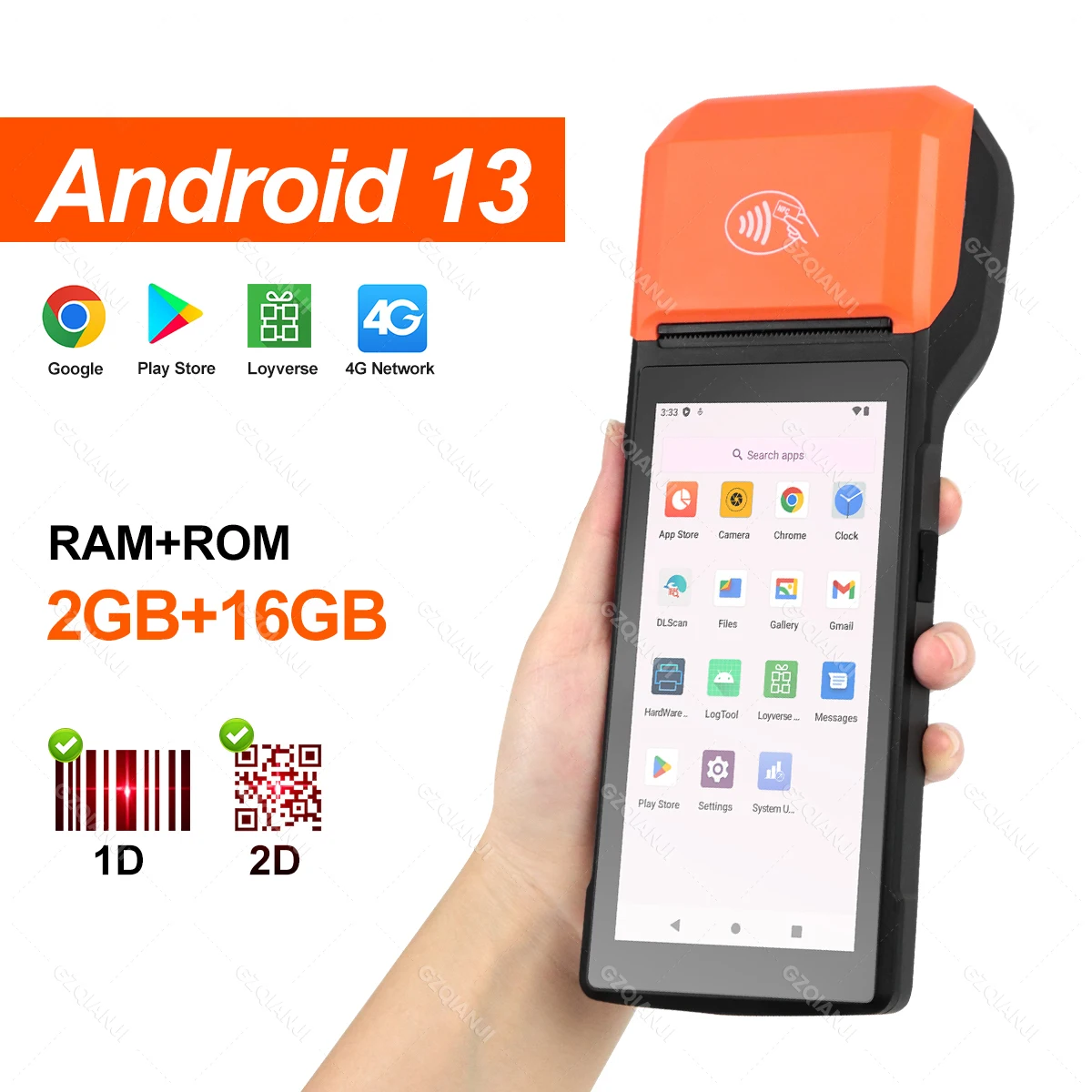Terminal POS portátil Android 13/8.1 3G 4G con impresora térmica de 58 mm, escáner 1D 2D, lector NFC, RAM 3 GB, ROM 32 GB, dispositivo móvil