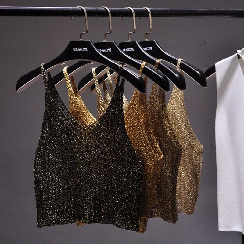 Tricot évidé à paillettes de Rotterdam pour femmes, demi-rendu de taille, haut court sexy, streetwear d'été