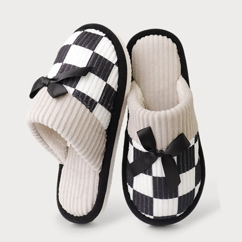 Mix Color Plaid Bowknot Cotton Slippers Women Comfort Soft Sole Non Slip Home Slipeprs Woman Thicken Plush Warm Fluffy Slides