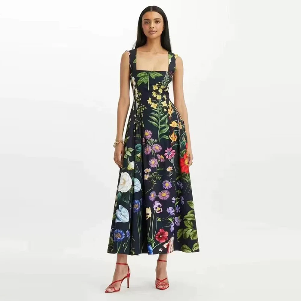 Pinkoz runway designer floral printed square collar sleeveless tank midi dress summer boho robe backless big size vestidos traf