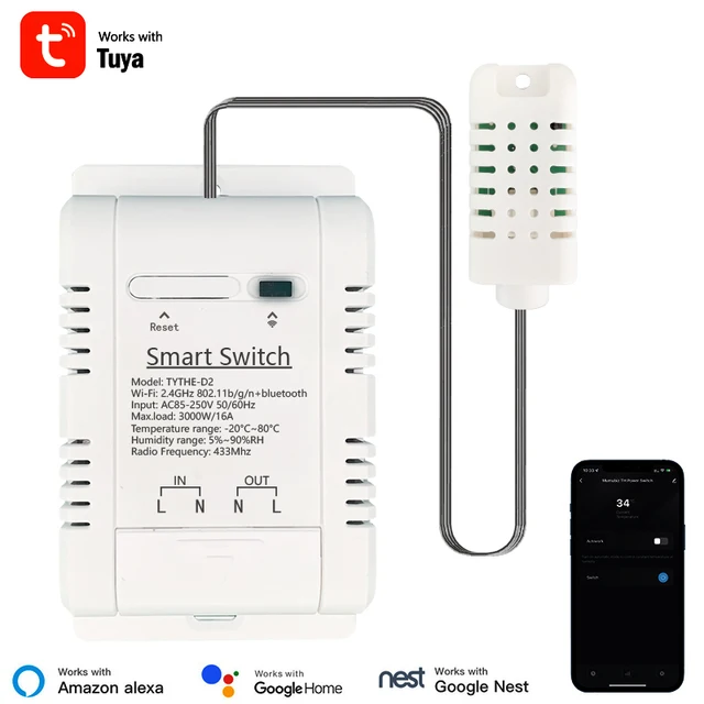Tuya WiFi Switch 16A 3000W Wireless Control with Power Consumption Monitoring Temperature and Humidity Thermostat Alexa 1