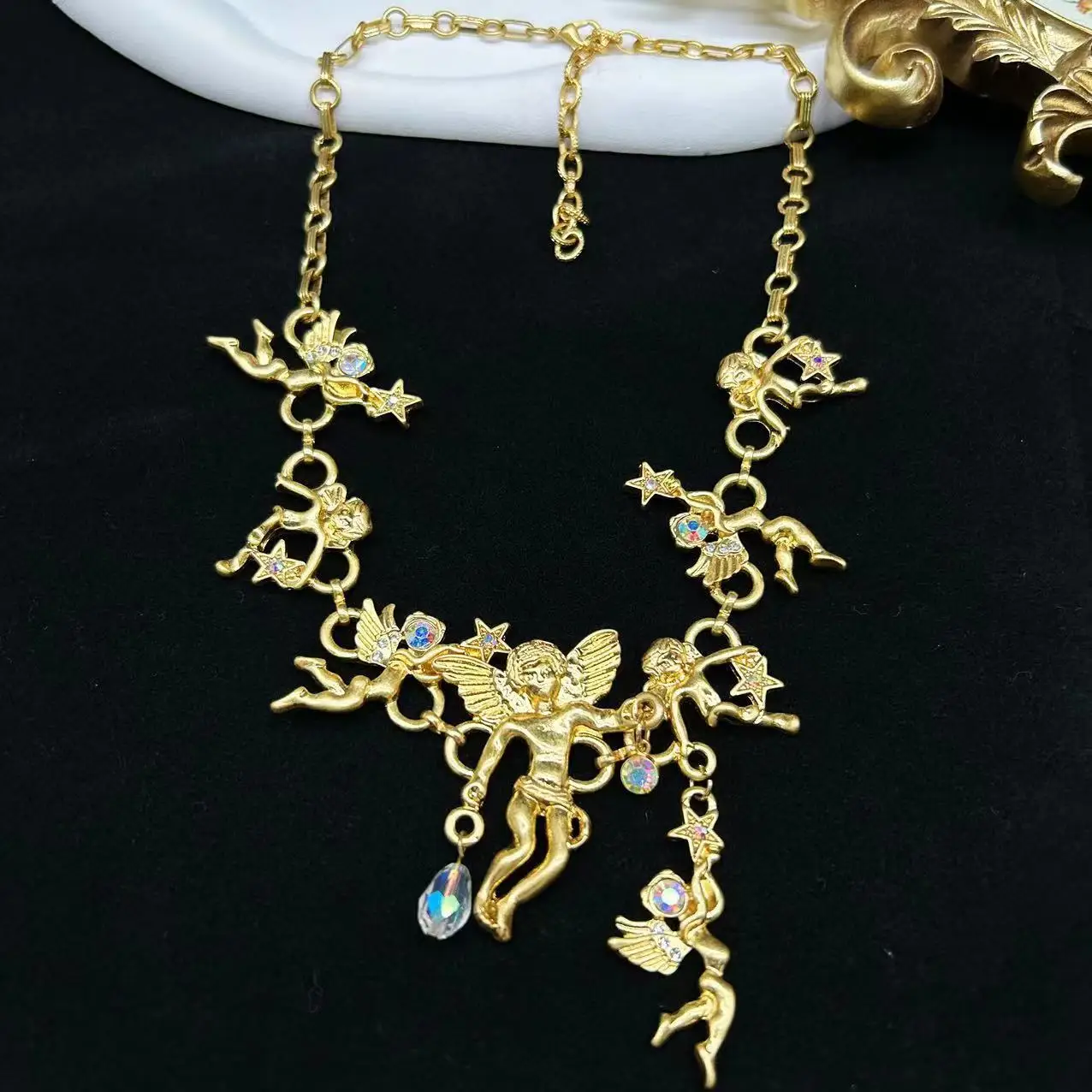 vintage Western Angel Star Elf Crystal Necklace brooch