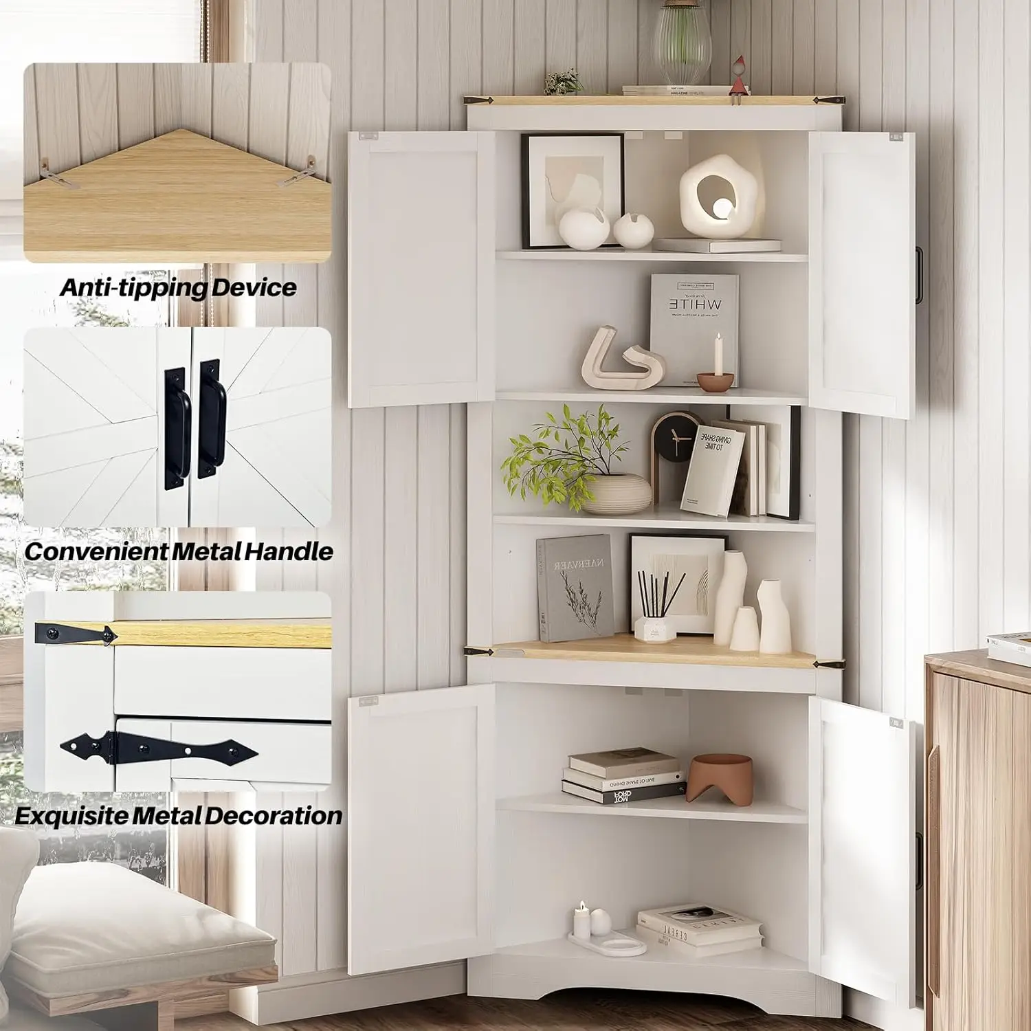 Redlife 70.5''Tall Corner Cabinet, Farmhouse Storage Cabinet with Barn Door Design & Adjustable Shelves for Bathroom Living Room - Image 4