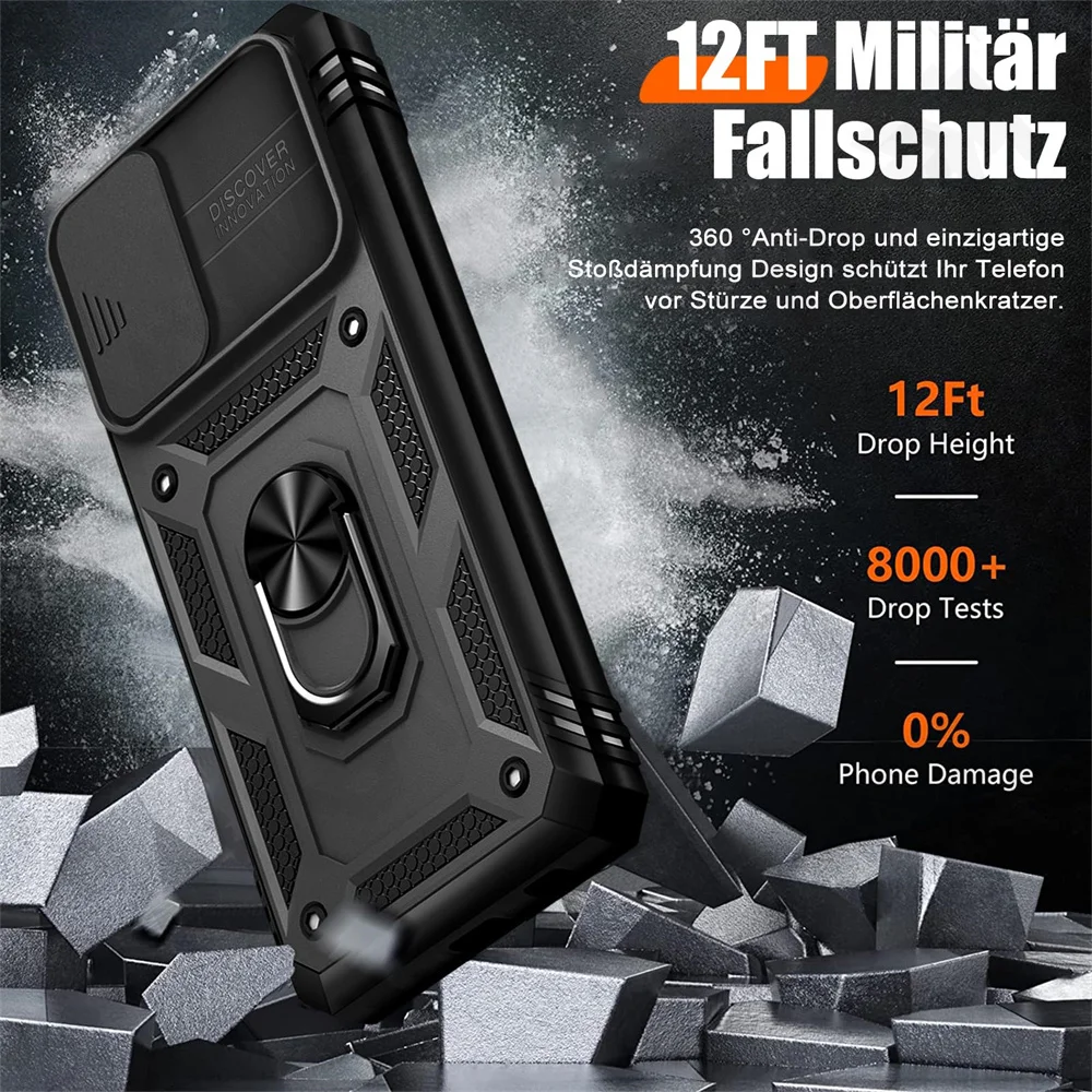 360° Rotating Ring Kickstand Military-Grade Protective Phone Case with Slide Camera Cover
