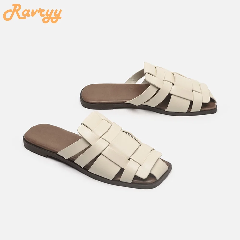 2024 Spring Summer New Cover Toe Slides Outer Wear Slippers Casual Weave Flat Bottom Non slip Sandals Women