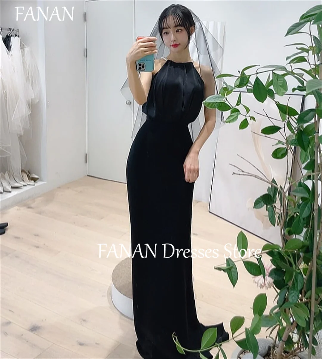 

FANAN Halter Simple Evening Party Dresses Korea Black Satin Corset Sleeveless Wedding Women Formal Gowns Event Prom Gowns