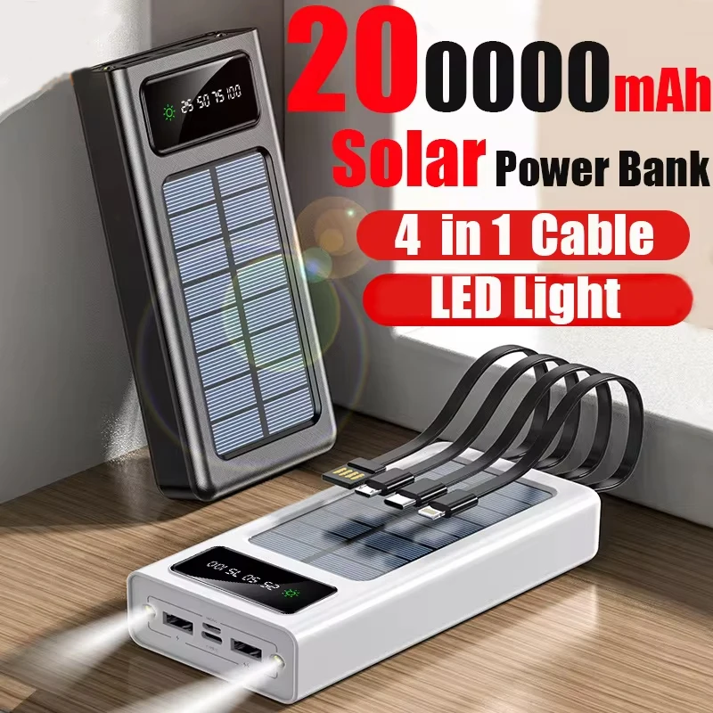 Power Bank 200000mAh Solar Large Capacity USB 4 in1 Super Fast Charging USB TypeC LED Light Outdoor For Xiaomi iPhone