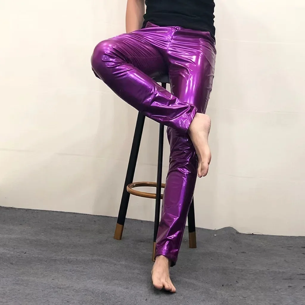 Description Picture 3 of itemShinny Leather Pants Sexy Nightclub Men's DS Costumes Anti-bright PU Pants Purple Tight Stretch Trousers Men Motorcycle Pants