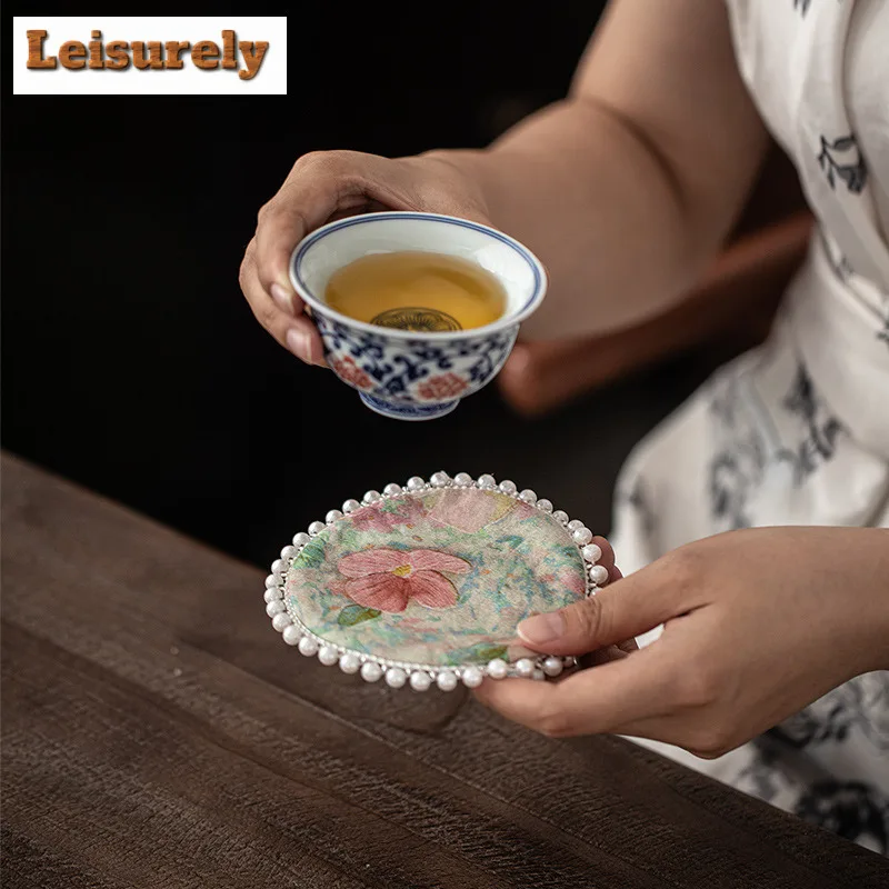 Brocade Flowers Beaded Coasters Antique Hot Pad For Coffee Cups Saucer Heat Insulation Placemats Cup Holder Teaware Accessories