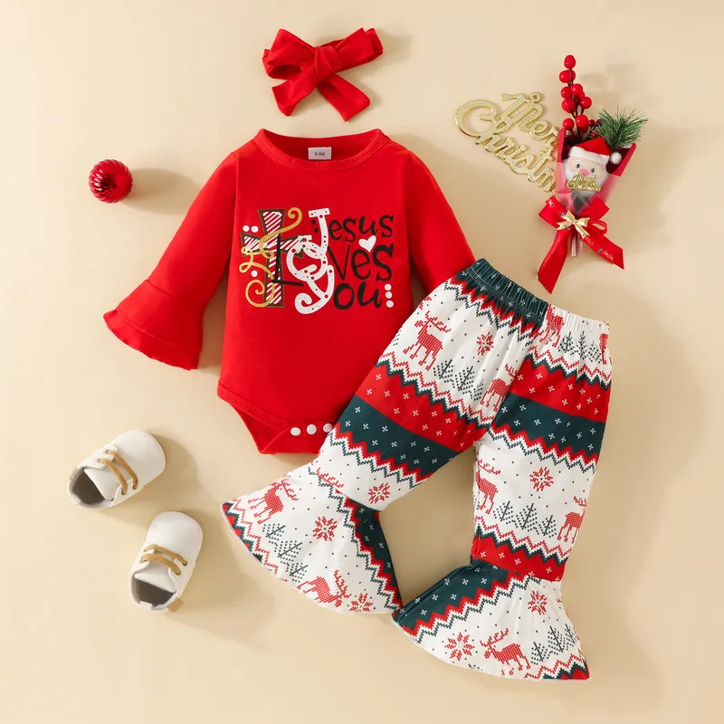 

Christmas Infant Baby Girl Pant Sets Spring Autumn Clothes Long Sleeve Jumpsuit and Elk Flare Pants with Bow Baby Clothing