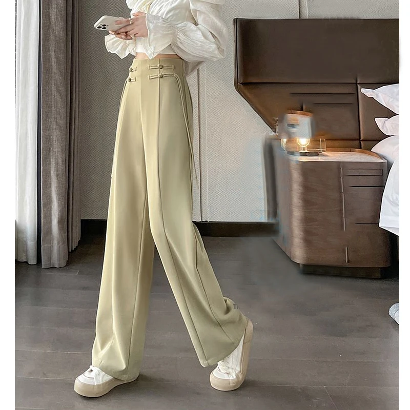 Women Clothes Vintage Chinese Style Design Chic High Waist Wide Leg Suit Pants Casual Solid Straight Trousers Elegante Pantalon