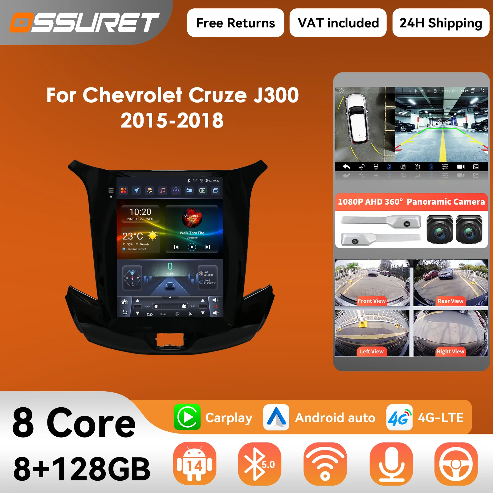 9,7 "360 Kamera Android14 Auto Auto radio für Chevrolet Cruze J300 2015-2018 Autoradio Carplay Android Auto multimedia GPS Stereo