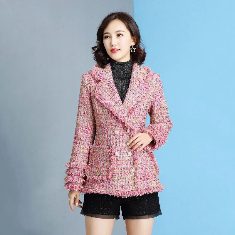 

Pink Tweed Coat Sequins Fabric Spring Autumn New Women's Jakcet Temperament Long Section Top