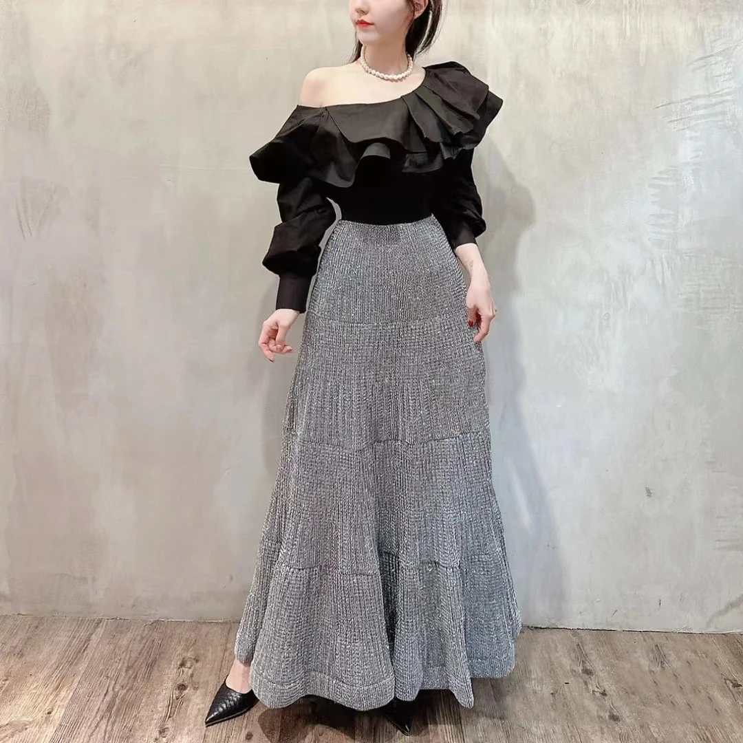 

New European station popular ladies elegant and high-grade silver pearlescent half-length dress