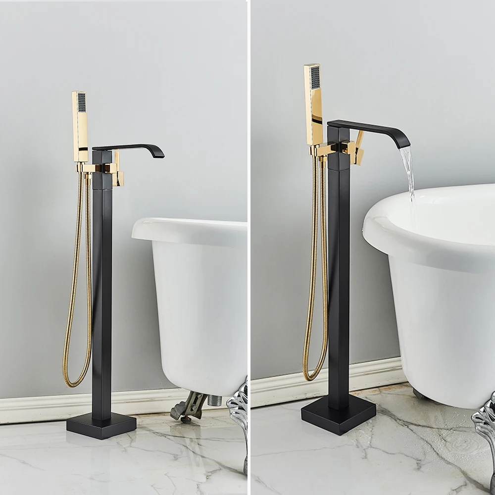 

Vidric Black Gold Square Bathtub Shower Faucets Floor Standing Faucet Hot Cold Water Shower Mixer Tap Bathroom Waterfall Spout