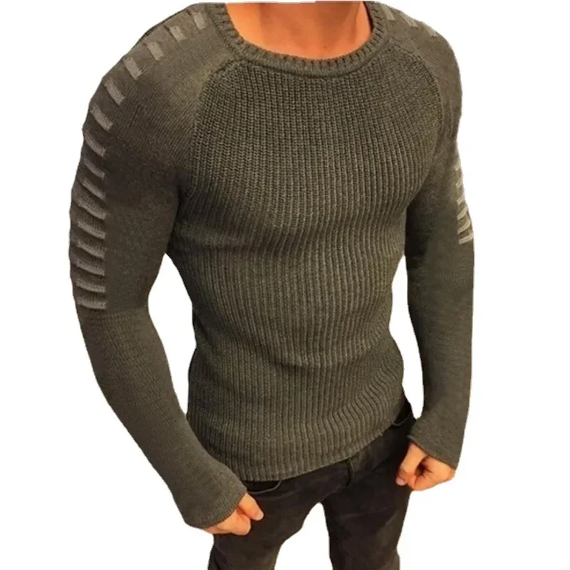 2023 Warm Sweater European and American Autumn  Winter Men's Slim Fit Long Sleeve Round Neck Knitted Top Large