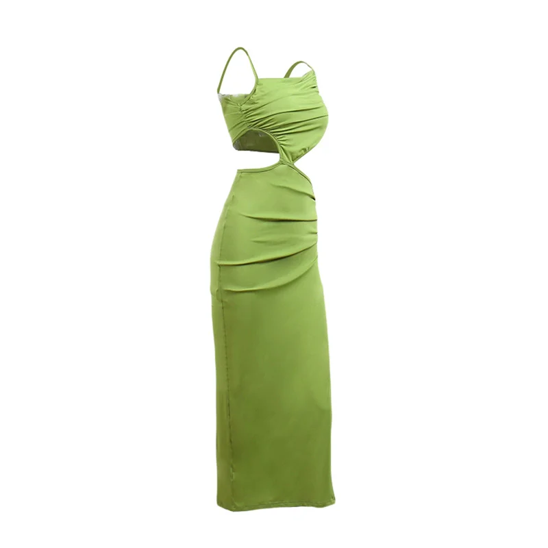 Slit Dress y2k Clothes Women Sexy Hollow Out Spaghetti Strap Sleeveless Midi Dress with Drawstring Beach Party Dresses