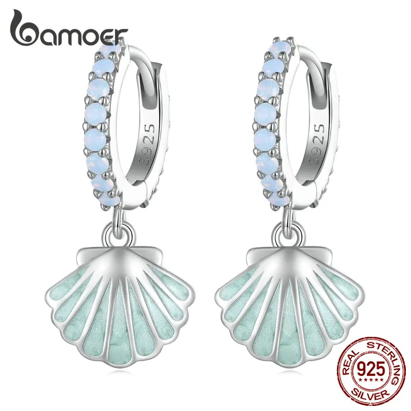 

Bamoer 925 Sterling Silver Sea Shell Ear Buckles Zircon Hoop Earrings Enamel Process for Women Ocean Series Fine Jewelry BSE842