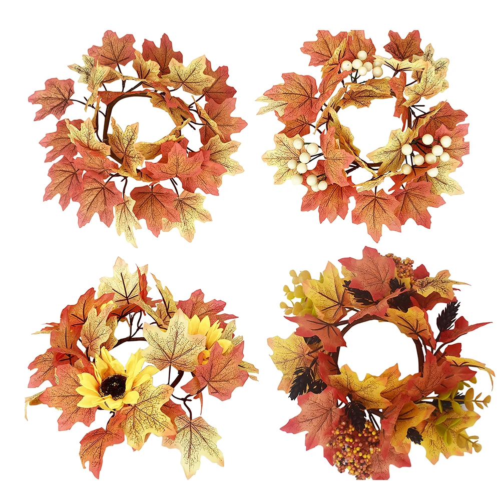 

Artificial Maple Leaves Wreath With Berries Sunflowers Candle Rings For Farmhouse Fall Thanksgiving Wedding Table Door Decor