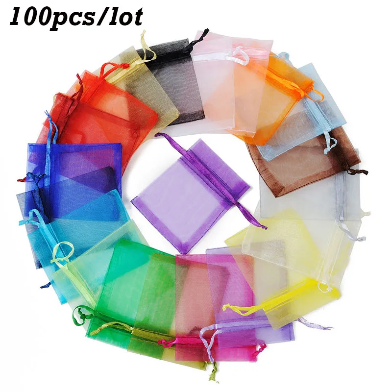

100pcs Multi-size Organza Bags With Drawstring Jewelry Candy Chocolate Packaging Pouches Wedding Birthday Party Decor Supplies