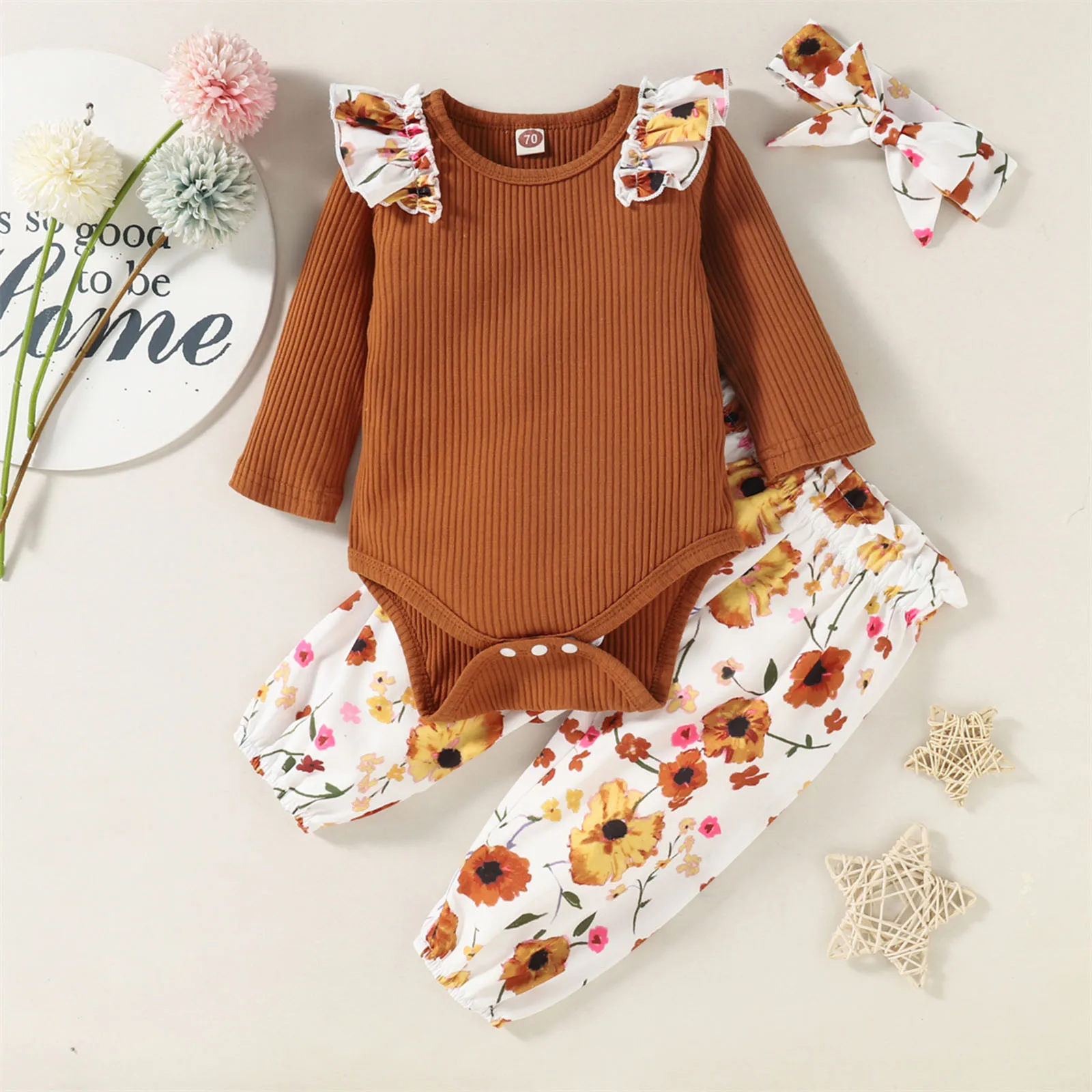 

Going Home Baby Girl Outfit Infant Baby Girls Ruffle Solid Color Long Sleeve Ribbed Romper Bodysuit Floral Girls Clothes 5 6