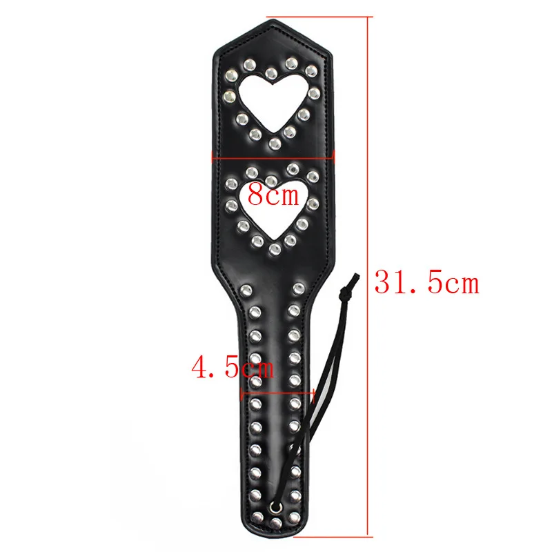 31.5cm Heart Shaped Hollow Paddle Riding Crops Flogger Horsewhips Spikes Rivet Inlay Leather Spanking Paddle Slapper 5