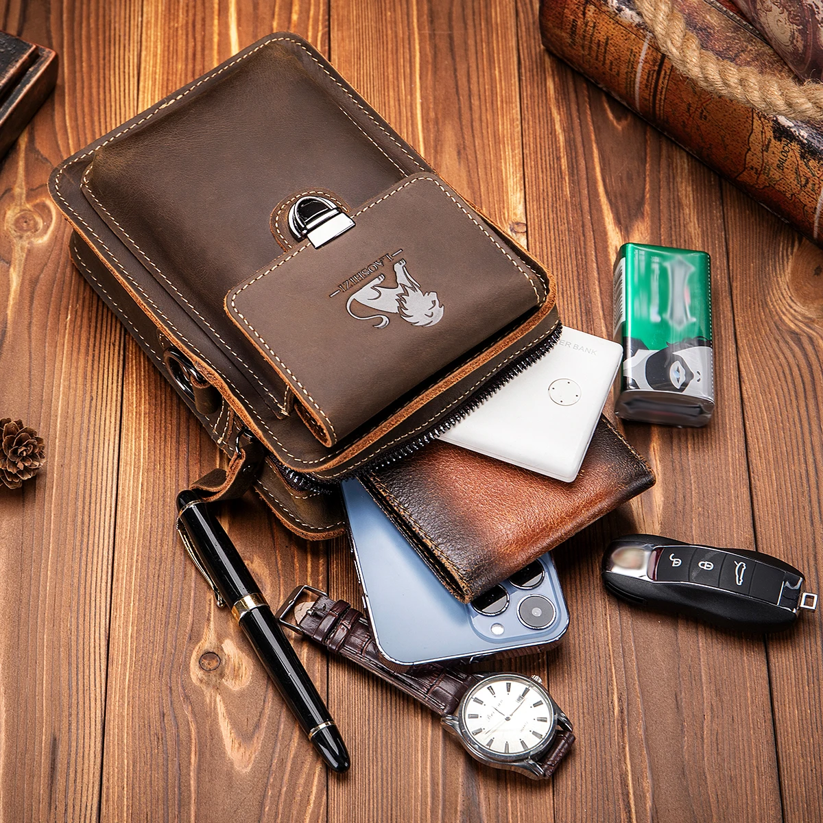 حقيبة خصر رجالية من الجلد، بتصميم كتف واحد، متعددة...