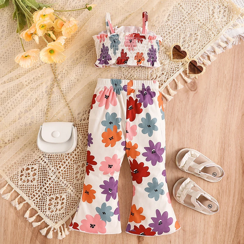 2024-04-02 lioraitiin 9M-5Y Kid Baby Girls Summer 2PCS Pants Sets Sleeveless Ruched Floral Camisole Flared Pants Sets 2