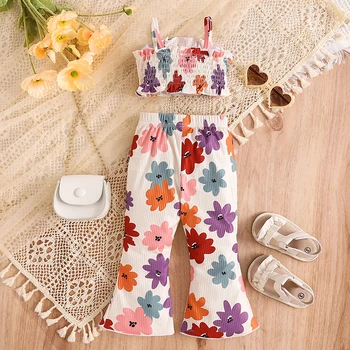 2024-04-02 lioraitiin 9M-5Y Kid Baby Girls Summer 2PCS Pants Sets Sleeveless Ruched Floral Camisole Flared Pants Sets 2