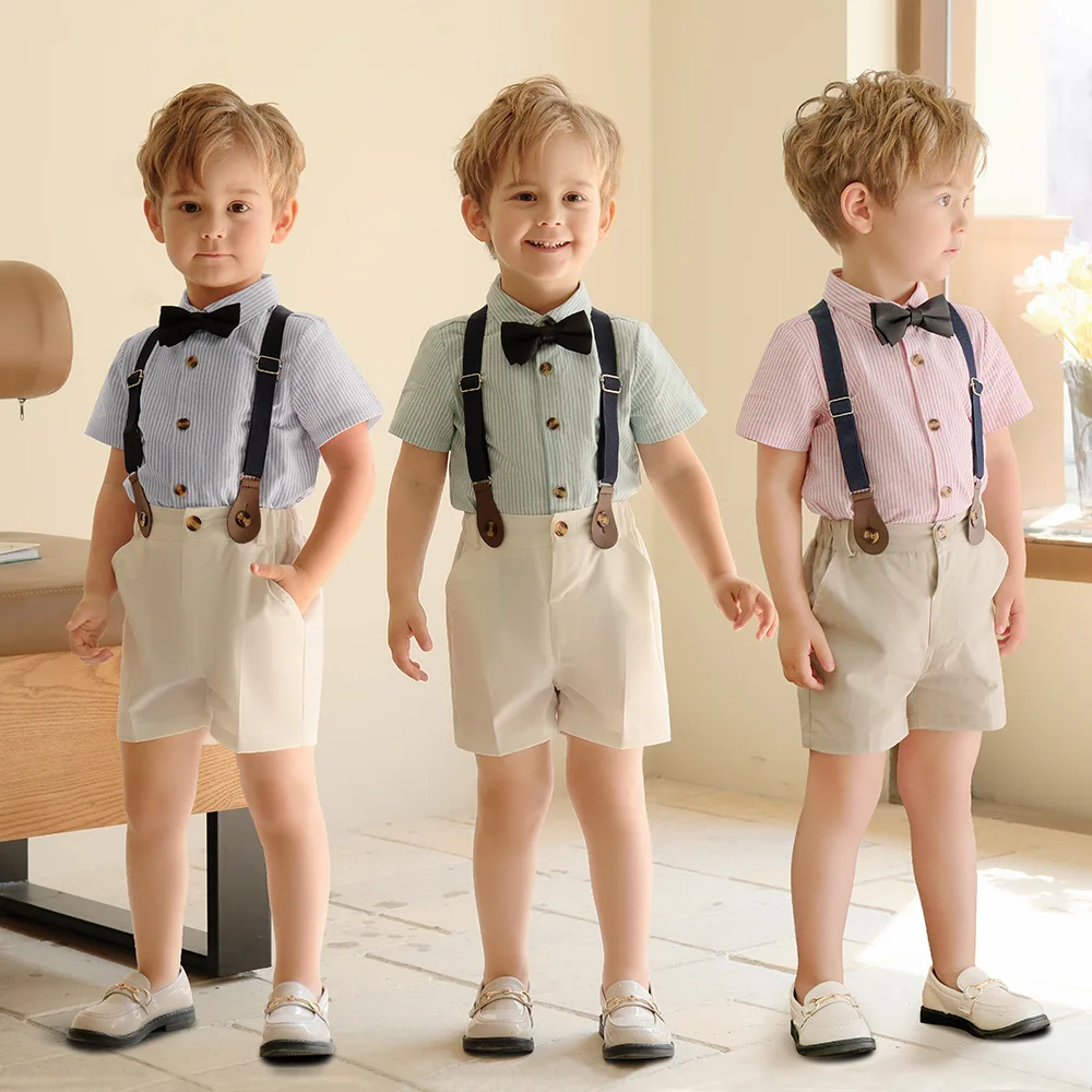 

Boys Summer Clothing Set Kids Formal Strap Shirt Shorts Bowtie Wedding Birthday Dress Children Piano Dance Performance Costume