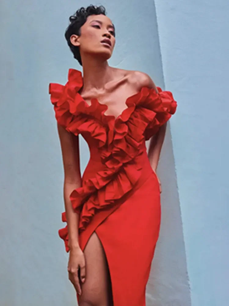 

Women 2024 New Bandage Dress Sleeveless Edible Tree Fungus V Neck Split Long Birthday Celebrity Evening Club Party Gowns