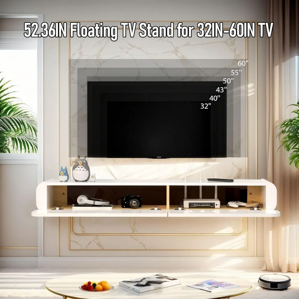 52'' High Gloss Wall Mounted TV Cabinet, Floating TV Shelves，Modern Entertainment Media Console Center Large Storage TV Bench 5