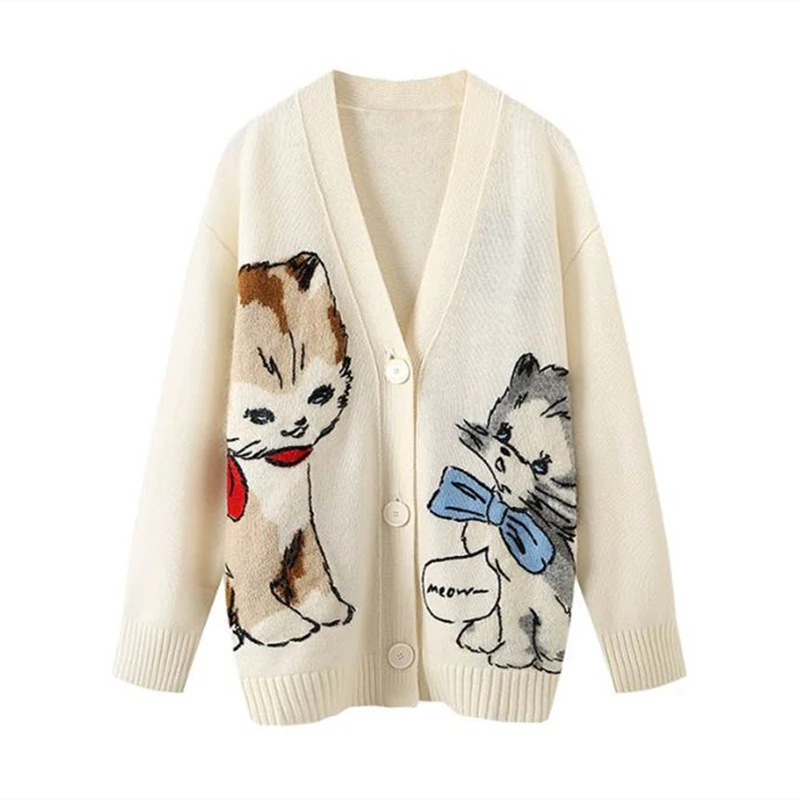 Women Knitted Cardigans Cartoon Cat Pattern Retro Korean Chic Long Sleeve V-neck Sweater Coat Fashion Outerwear Loose Female Top 5