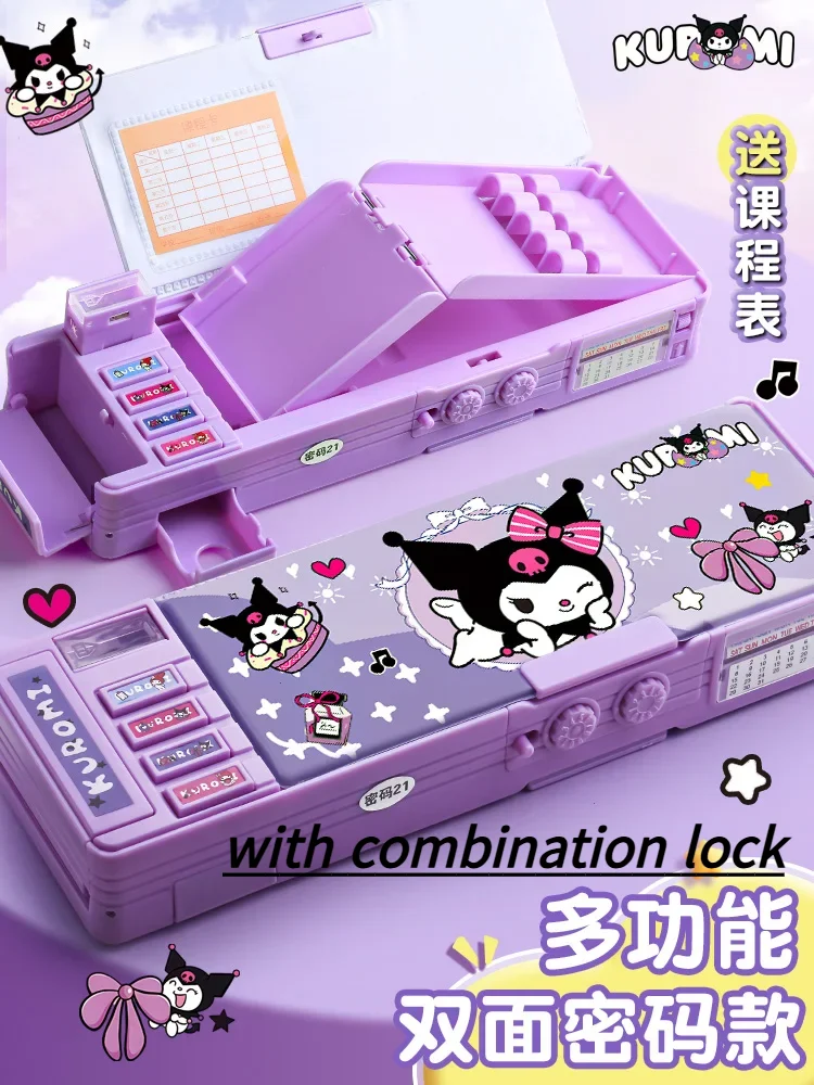 Pencil Cases Kuromi Melody Multi-functional Automatic Pen Case Combination Lock Pouch Large Capacity Stationery Box Desktop Storage