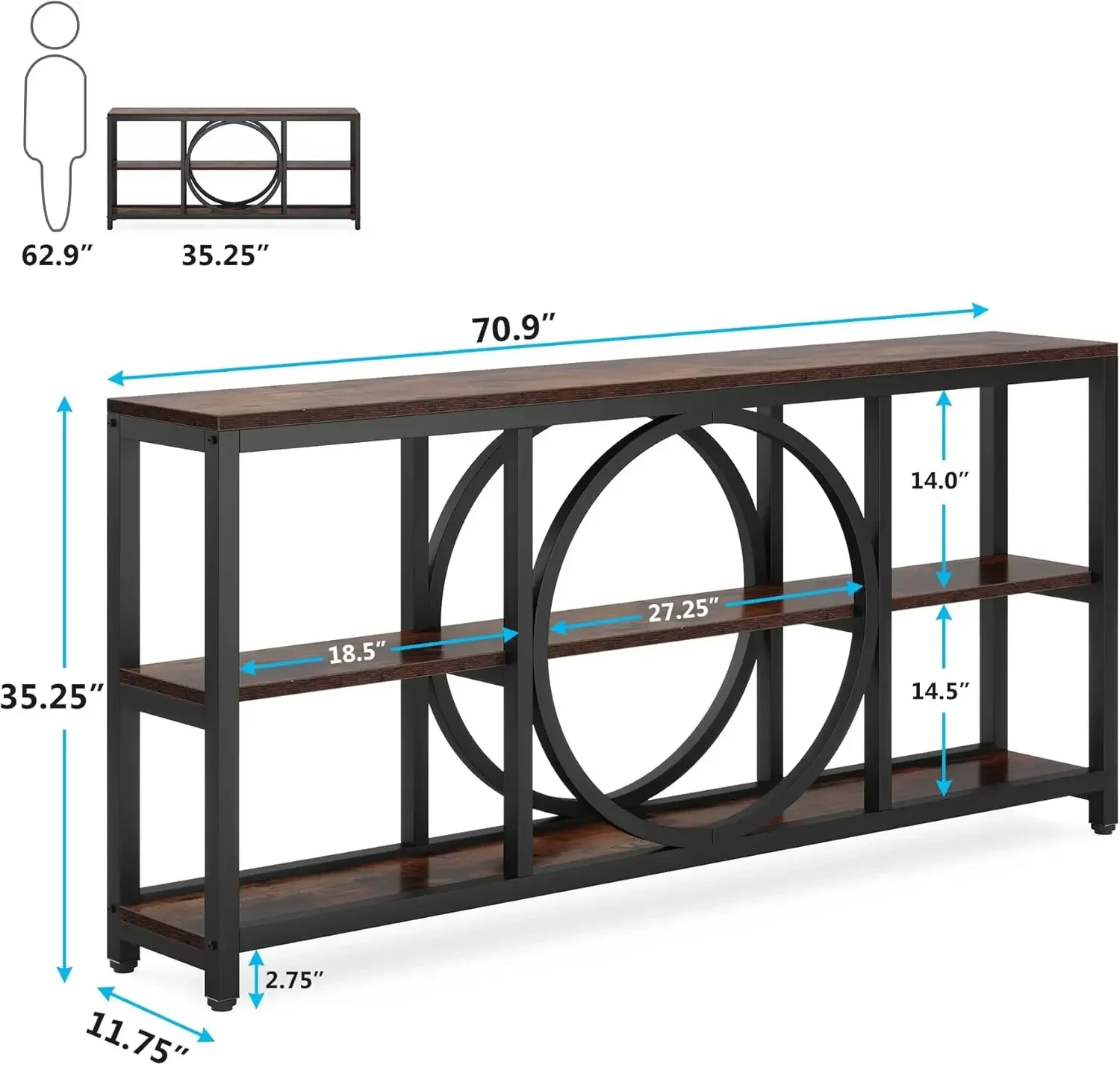 Extra Long Console Table, 70.9 inch Narrow Sofa Tables with 3 Tier Wood Storage Shelves Industrial Metal Frame for Entryway 2