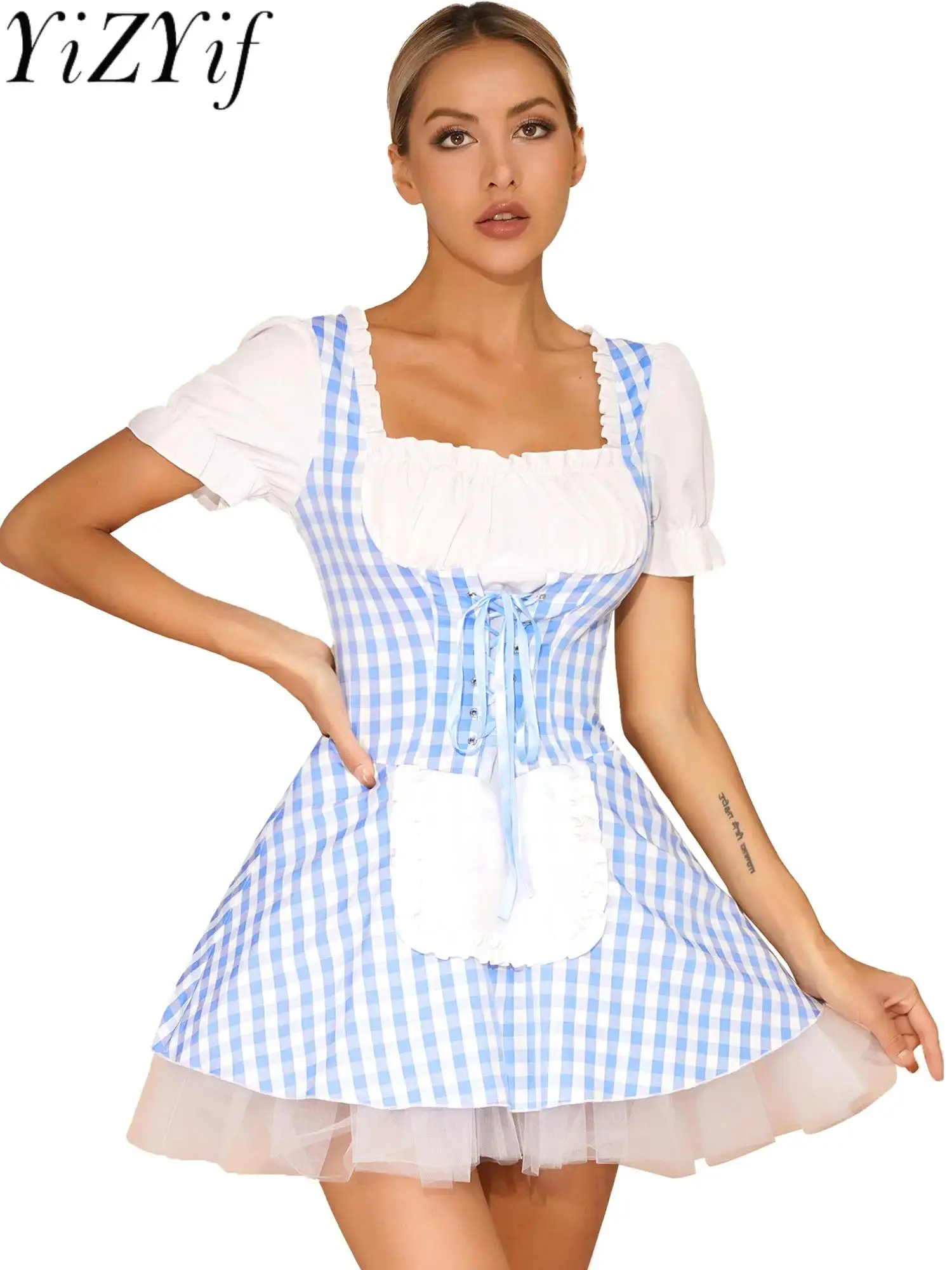

Women Short Sleeve Halloween Miss Muffet Cosplay Dress French Maid Costume Oktoberfest Dress Up Storybook Sweetheart Costume