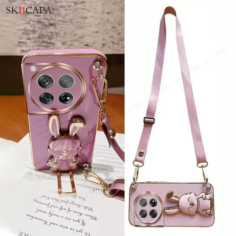 Plating Silicone Crossbody Lanyard Phone Case with Rabbit Holder