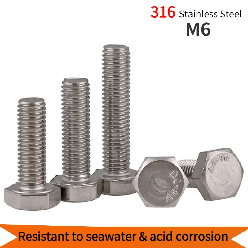 

1/5/10pcs 316 Stainless Steel Marine Grade Full Thread Hexagon Head Screws External Hex Screw Bolts M6 Length 8-150mm